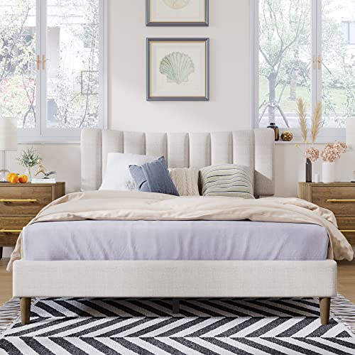 Mancofy Queen Size Upholstered Platform Bed Frame with Tufted Curved Headboard, Bedroom Furniture Heavy Duty Wood Platform Bed with Strong Wood Slat Support, No Box Spring Needed (Cream)