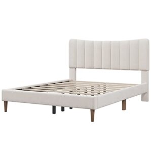 Mancofy Queen Size Upholstered Platform Bed Frame with Tufted Curved Headboard, Bedroom Furniture Heavy Duty Wood Platform Bed with Strong Wood Slat Support, No Box Spring Needed (Cream)