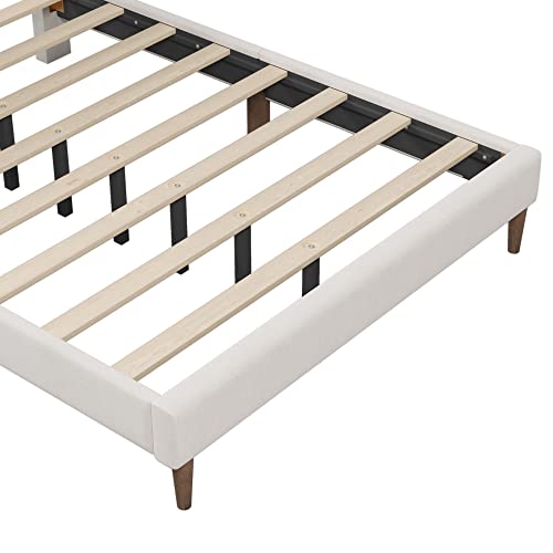 Mancofy Queen Size Upholstered Platform Bed Frame with Tufted Curved Headboard, Bedroom Furniture Heavy Duty Wood Platform Bed with Strong Wood Slat Support, No Box Spring Needed (Cream)