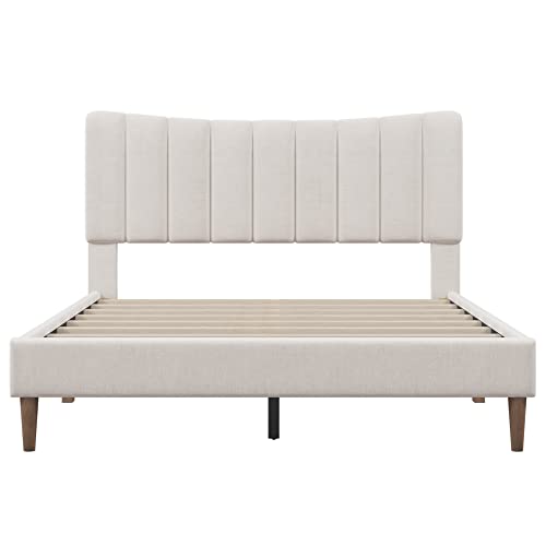 Mancofy Queen Size Upholstered Platform Bed Frame with Tufted Curved Headboard, Bedroom Furniture Heavy Duty Wood Platform Bed with Strong Wood Slat Support, No Box Spring Needed (Cream)