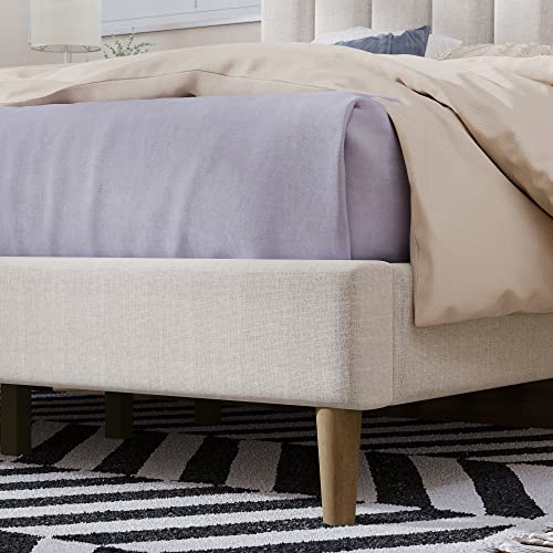 Mancofy Queen Size Upholstered Platform Bed Frame with Tufted Curved Headboard, Bedroom Furniture Heavy Duty Wood Platform Bed with Strong Wood Slat Support, No Box Spring Needed (Cream)