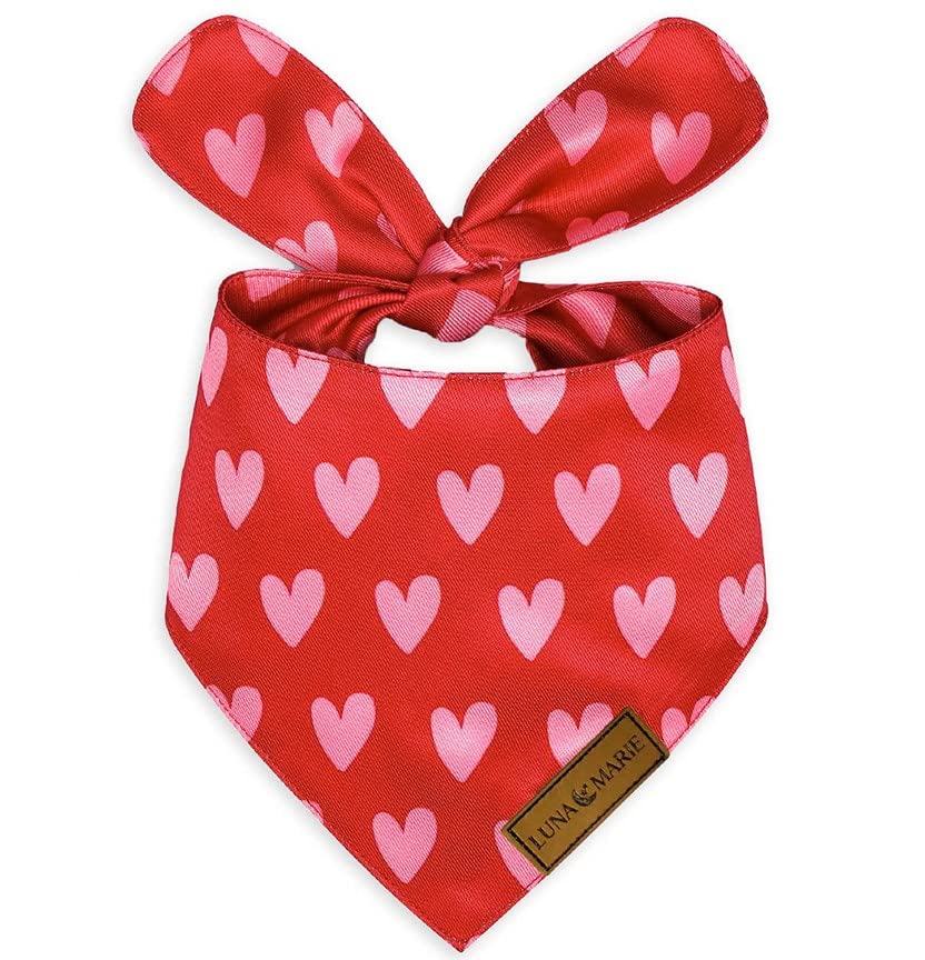 LunaMarie - Luxury Cat and Dog Bandanas - Hearts Designs | Premium Silky Poly Fabric | 100% Handmade Custom Shape Valentine's Day Dog Bandana Multiple Sizes (Evie Hearts, Small)