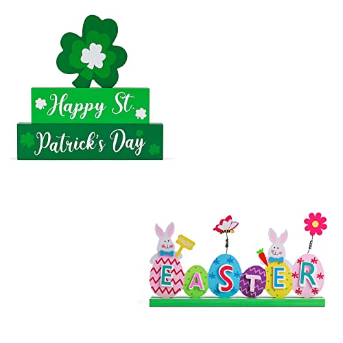 Happy St Patrick's Day Wooden Table Decorations and Happy Easter Centerpiece with Colorful Bunny and Eggs Signs