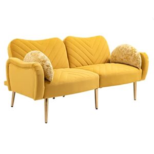 65" sofa bed, 2-seat mid century modern velvet love seats sofa with 2 bolster pillows and armrest metal legs for compact living space, apartment, dorm, bedroom - mustard