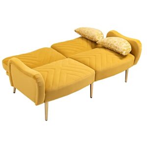 65" Sofa Bed, 2-seat Mid Century Modern Velvet Love Seats Sofa with 2 Bolster Pillows and Armrest Metal Legs for Compact Living Space, Apartment, Dorm, Bedroom - Mustard