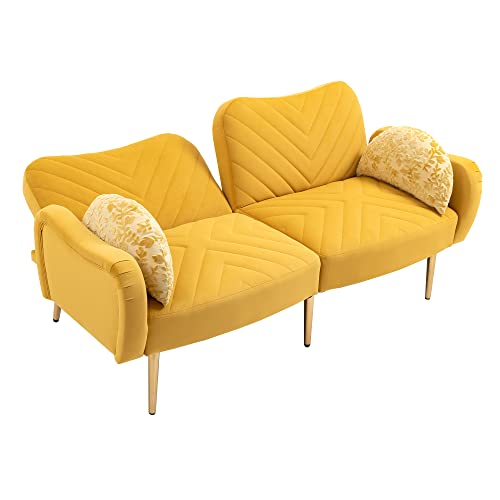 65" Sofa Bed, 2-seat Mid Century Modern Velvet Love Seats Sofa with 2 Bolster Pillows and Armrest Metal Legs for Compact Living Space, Apartment, Dorm, Bedroom - Mustard