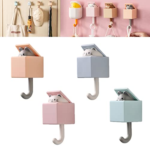 LELEBEAR 4/8PCS Cartoon Cat Hook, Self Adhesive Creative Animal Key Hook Bathroom Kitchen Home Decor Room Pasting Wall Hooks Cap Coat Rack (4PCS-A)