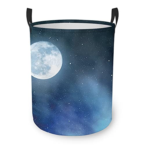 Fubido Moon Print,Laundry Baskets,Laundry Hamper Storage Basket with Handles,Night Sky with Stars Full Moon,for Living room,Storage Basket for Toys Clothes,Black Blue White