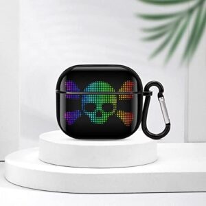 Bright Pixel Skull Crossbones Icon Printed Bluetooth Earbuds Case Cover Compatible for Airpods 3 Protective Storage Box with Keychain