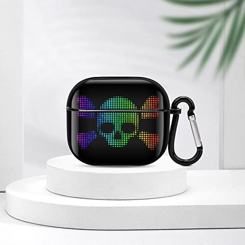 Bright Pixel Skull Crossbones Icon Printed Bluetooth Earbuds Case Cover Compatible for Airpods 3 Protective Storage Box with Keychain