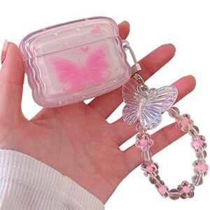 minscose cute airpod pro clear case,cute graffiti butterfly pattern design with pretty pink flower crystal keychain soft tpu smooth shockproof compatible with airpods pro charging case for girls women