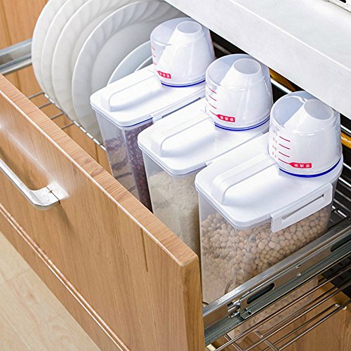 Airtight Food Storage Container with Lids, Cereal Dispenser Rice Bin, Clear Plastic Storage Box with Airtight Design Measuring Cup Pour Spout, for Kitchen Flour Rice Sugar, Keeps Food Fresh Dry, 2L