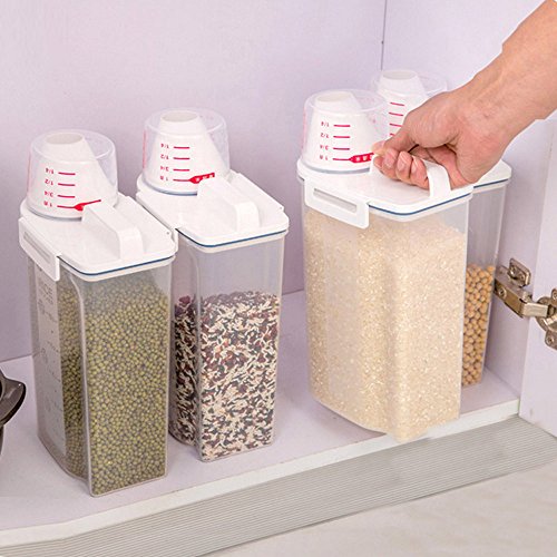 Airtight Food Storage Container with Lids, Cereal Dispenser Rice Bin, Clear Plastic Storage Box with Airtight Design Measuring Cup Pour Spout, for Kitchen Flour Rice Sugar, Keeps Food Fresh Dry, 2L