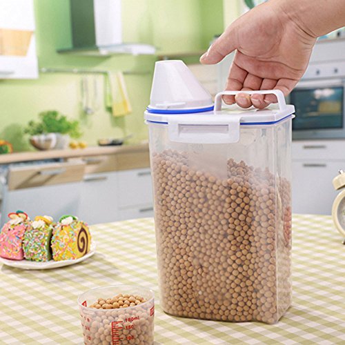 Airtight Food Storage Container with Lids, Cereal Dispenser Rice Bin, Clear Plastic Storage Box with Airtight Design Measuring Cup Pour Spout, for Kitchen Flour Rice Sugar, Keeps Food Fresh Dry, 2L