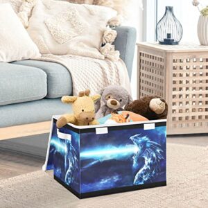 Kigai Storage Basket Artistic Blue Angry Dragon Storage Boxes with Lids and Handle, Large Storage Cube Bin Collapsible for Shelves Closet Bedroom Living Room, 16.5x12.6x11.8 In