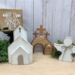 Jesus Easter Tiered Tray Decor Puzzle Statue Wooden Easter Nativity Set Easter Nativity Scene for Farmhouse Holiday Table Decor