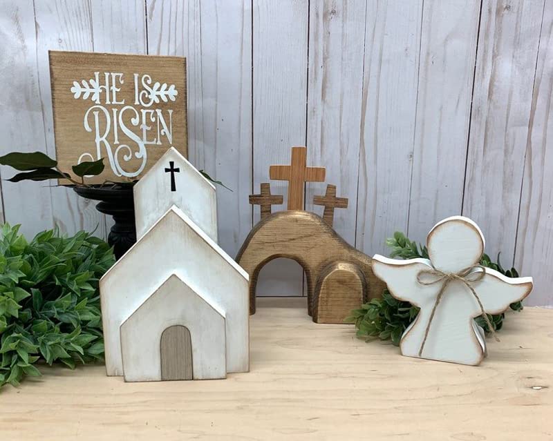 Jesus Easter Tiered Tray Decor Puzzle Statue Wooden Easter Nativity Set Easter Nativity Scene for Farmhouse Holiday Table Decor