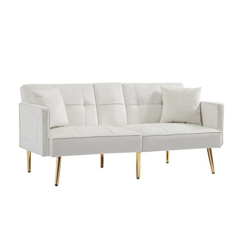 Woanke Convertible Sleeper wit Armrests Modern Velvet Sofa Bed for Living Room Office Folding Recliner Futon Couch with Metal Legs, Cream White