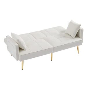 Woanke Convertible Sleeper wit Armrests Modern Velvet Sofa Bed for Living Room Office Folding Recliner Futon Couch with Metal Legs, Cream White