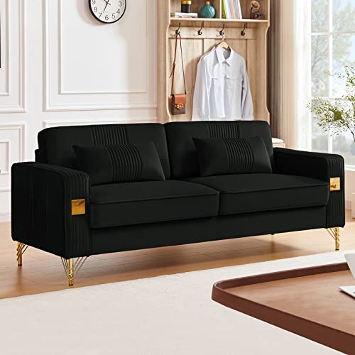 Betoko Velvet Upholstered Sofas Couches for Living Room Modern Channel Tufted Small 3 Seater Sofa Couch with Golden Metal Legs for Bedroom Office and Small Spaces (Black)