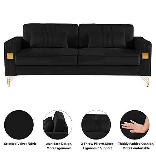 Betoko Velvet Upholstered Sofas Couches for Living Room Modern Channel Tufted Small 3 Seater Sofa Couch with Golden Metal Legs for Bedroom Office and Small Spaces (Black)