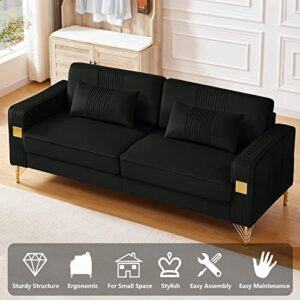 Betoko Velvet Upholstered Sofas Couches for Living Room Modern Channel Tufted Small 3 Seater Sofa Couch with Golden Metal Legs for Bedroom Office and Small Spaces (Black)