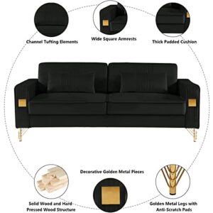 Betoko Velvet Upholstered Sofas Couches for Living Room Modern Channel Tufted Small 3 Seater Sofa Couch with Golden Metal Legs for Bedroom Office and Small Spaces (Black)