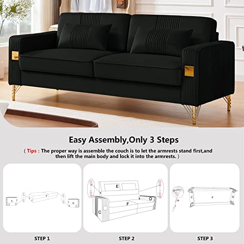 Betoko Velvet Upholstered Sofas Couches for Living Room Modern Channel Tufted Small 3 Seater Sofa Couch with Golden Metal Legs for Bedroom Office and Small Spaces (Black)