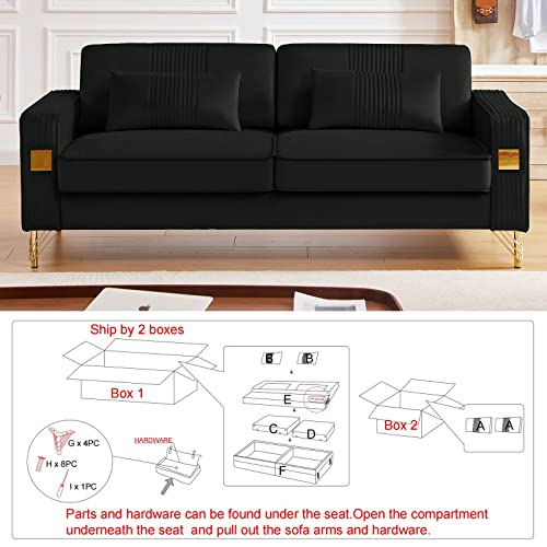 Betoko Velvet Upholstered Sofas Couches for Living Room Modern Channel Tufted Small 3 Seater Sofa Couch with Golden Metal Legs for Bedroom Office and Small Spaces (Black)