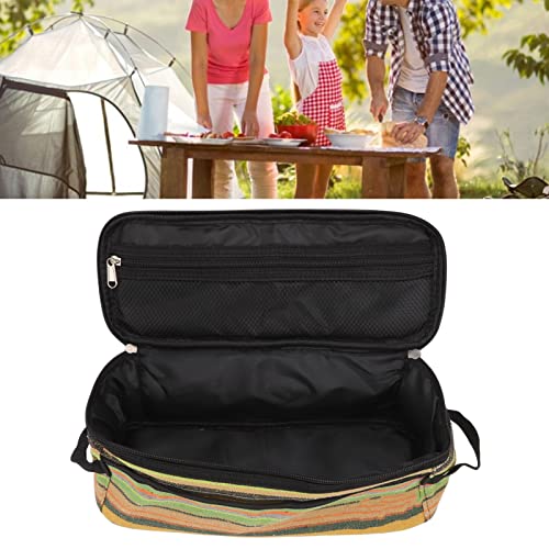 Camping Utensil Bag, Multipurpose Thickened Canvas Net Pocket Cover Green Stripe Camping Tableware Storage Bag for Travel