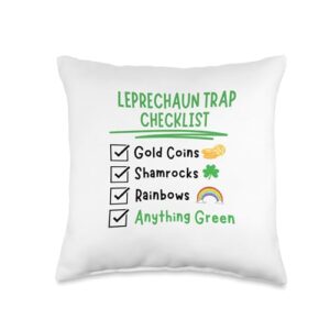 cute leprechaun trap checklist goldcoin shamrocks leprechaun trap checklist gold coin shamrocks rainbows green throw pillow, 16x16, multicolor