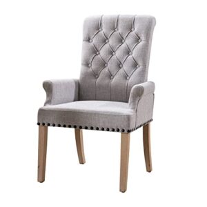 crecq fabric arm dining room chair,tufted upholstered high back nailed trim with untique oak wood legs for kitchen restaurant room bedroom(grey brown)
