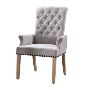 CRECQ Fabric Arm Dining Room Chair,Tufted Upholstered High Back Nailed Trim with Untique Oak Wood Legs for Kitchen Restaurant Room Bedroom(Grey Brown)