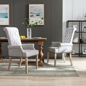 CRECQ Fabric Arm Dining Room Chair,Tufted Upholstered High Back Nailed Trim with Untique Oak Wood Legs for Kitchen Restaurant Room Bedroom(Grey Brown)