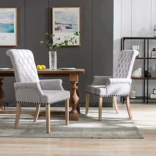 CRECQ Fabric Arm Dining Room Chair,Tufted Upholstered High Back Nailed Trim with Untique Oak Wood Legs for Kitchen Restaurant Room Bedroom(Grey Brown)