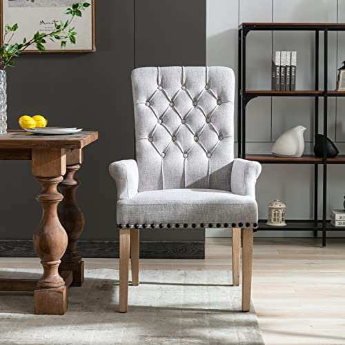 CRECQ Fabric Arm Dining Room Chair,Tufted Upholstered High Back Nailed Trim with Untique Oak Wood Legs for Kitchen Restaurant Room Bedroom(Grey Brown)