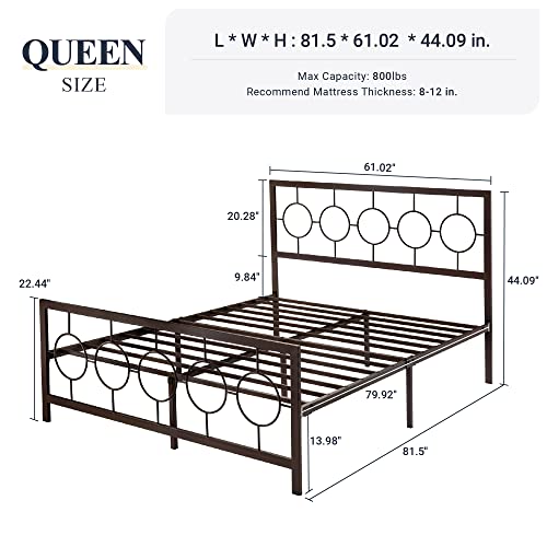 Allewie Queen Size Metal Platform Bed Frame with Modern and Vintage Style Headboard,No Box Spring Need,Easy Assembly,Noise-Free in Brown