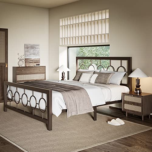 Allewie Queen Size Metal Platform Bed Frame with Modern and Vintage Style Headboard,No Box Spring Need,Easy Assembly,Noise-Free in Brown