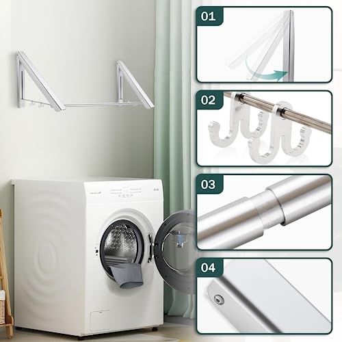 cenivi Retractable Clothes Rack, 2PCS Stainless Steel Clothes Drying Rack, Wall Mounted Clothes Rack with 2 Installation Methods for Laundry, Bedroom, Balcony, Drying Rack with 40cm Rod, Silver