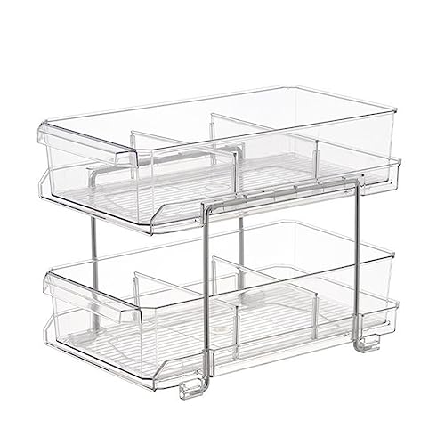 YESBAY Pull Out Organizers and Dividers Desktop Rack Double Layer with Dividers Pull-Out Design Multi-Purpose Stackable Trays Under Sink Closet Organizers Home for Kitchen Bathroom Cabinet Clear