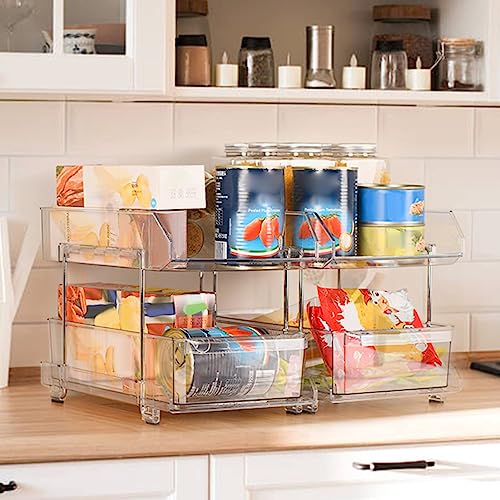 YESBAY Pull Out Organizers and Dividers Desktop Rack Double Layer with Dividers Pull-Out Design Multi-Purpose Stackable Trays Under Sink Closet Organizers Home for Kitchen Bathroom Cabinet Clear