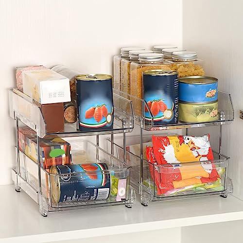 YESBAY Pull Out Organizers and Dividers Desktop Rack Double Layer with Dividers Pull-Out Design Multi-Purpose Stackable Trays Under Sink Closet Organizers Home for Kitchen Bathroom Cabinet Clear