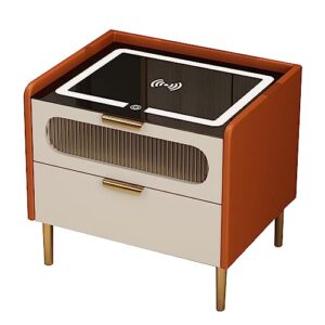 nightstand with charging station and led lights, side tables modern design end side table with 2 drawers, nightstand solid wood (color : orange, size : 15.7x15.7x20.5in)