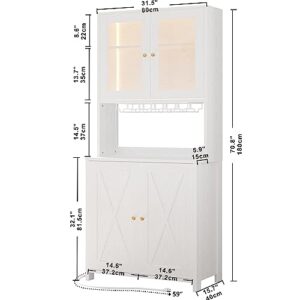 IRONCK 71” Bar Cabinets with LED Light, Power Strip and Glass Holder, Tall Freestanding Liquor Cabinet Bar for Kitchen, Dining Room (White)