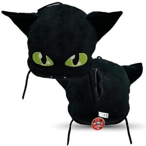 miraculous ladybug - huggie hideaway plagg, 16.5-inch black plush pillow, super cute soft stuffed toy for kids with large zipper secret pocket in the back (wyncor)
