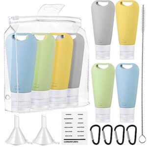sliner 4 pieces travel bottles with bag labels brush hooks funnel silicone refillable 3oz travel size bottles leak proof reusable squeezable empty travel containers for toiletries shampoo conditioner