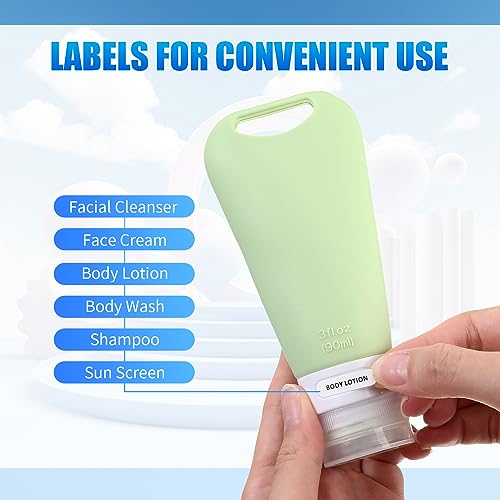 Sliner 4 Pieces Travel Bottles with Bag Labels Brush Hooks Funnel Silicone Refillable 3oz Travel Size Bottles Leak Proof Reusable Squeezable Empty Travel Containers for Toiletries Shampoo Conditioner