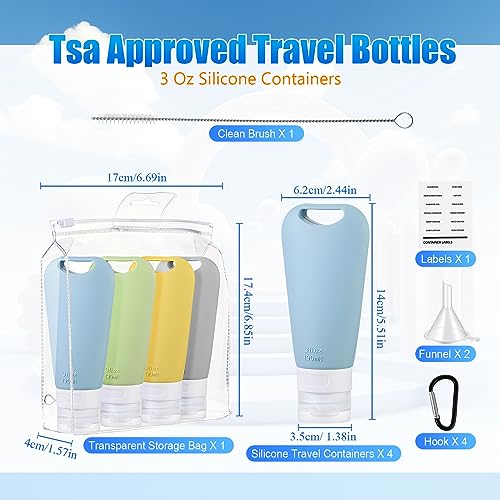 Sliner 4 Pieces Travel Bottles with Bag Labels Brush Hooks Funnel Silicone Refillable 3oz Travel Size Bottles Leak Proof Reusable Squeezable Empty Travel Containers for Toiletries Shampoo Conditioner