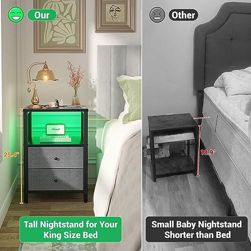 Cyclysio Night Stands Set of 2 with Charging Station, Night Stand with LED Lights, 25.6'' End Table Bedside Tables with 2 Drawers, 3 Tier Tall Night Stand with Storage for Bedroom Living Room, Black