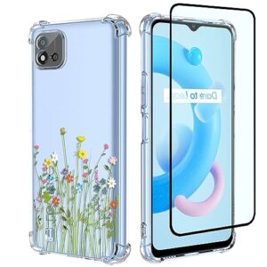 gtbdeki phone case for realme c20/realme c20a/realme c11 2021 case rmx3063 case with screen protector, clear case with flower garden patterns protective phone cover for oppo realme c20 flower bouquet